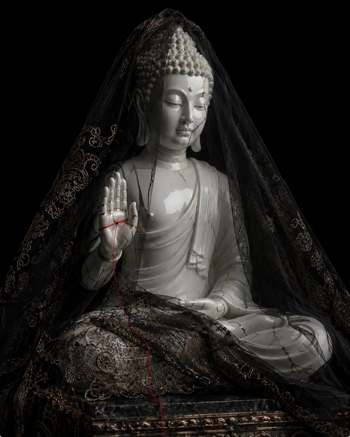 Veiled porcelain Buddha threaded in red